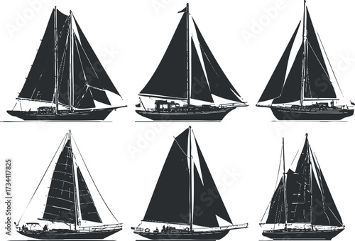 Illustration of various sailboats with black sails in a striking black and white design..