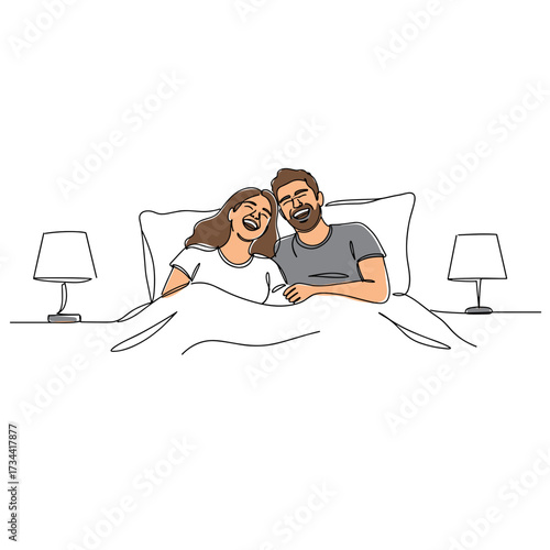 Couple laughing together in bed with bedside lamps on white sheets  