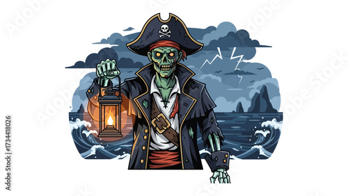 Undead Pirate with Lantern on Stormy Sea: An eerie illustration showcases a skeletal pirate, lantern in hand, amidst a tempestuous sea and ominous skies, exuding a chilling aura of adventure.