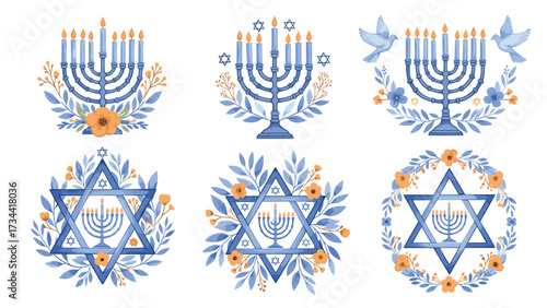 Happy Hanukkah : Set Icon Greeting Card Collection with Hebrew Text and Colorful Illustrations for Festive Celebrations