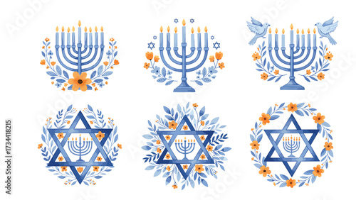 Happy Hanukkah Greeting Card Collection with Hebrew Text and Colorful Illustrations for Festive Cheer