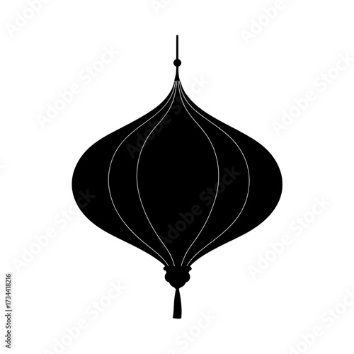 Silhouette of an ornate lantern, symmetrical with tassel, suspended from a string