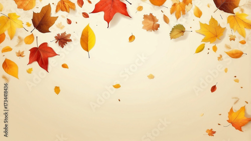 autumn leaves floating mid air template copy space background.Falling autumnal leaves.