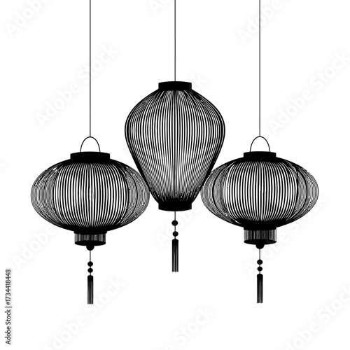 Three hanging lanterns in a row, each with a unique shape and tassel detail