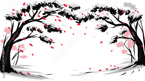 Abstract vector illustration of a floral tree with birds and a heart design featuring cherry blossom and leaf patterns for a spring nature decoration