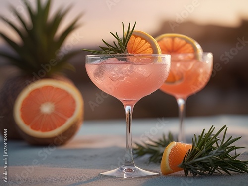 Goblet of sparkling wine with a slice of grapefruit and a sprig of rosemary