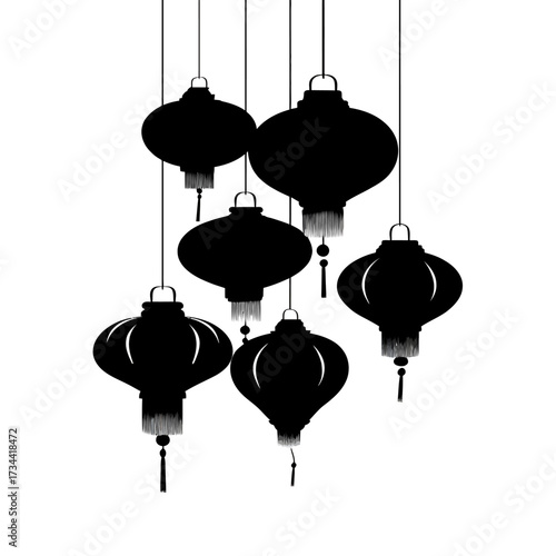 Silhouette of Hanging Lanterns Black and White Composition with Tassels