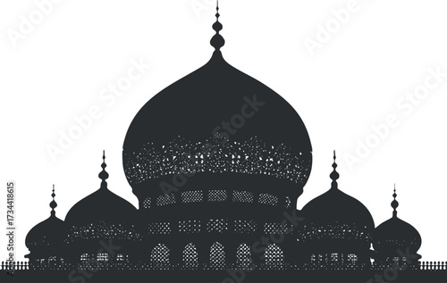 Silhouette of an ornate mosque with multiple domes against a white background..