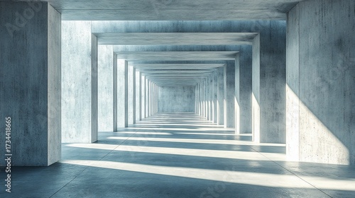 Sunlit concrete corridor; modern architecture, background perspective