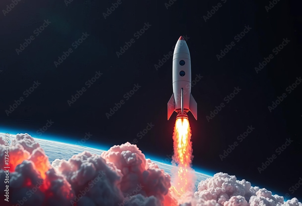 Naklejka premium AI-controlled rocket launching into space, fiery exhaust trail, algorithm, machine learning