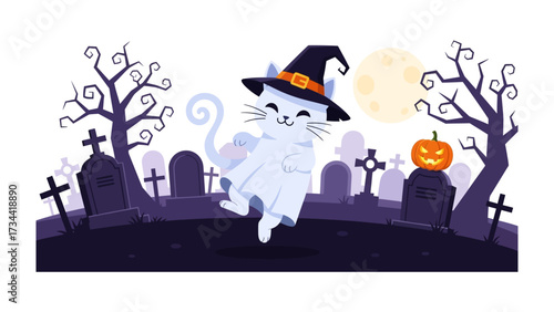 Spooky Cat's Halloween Adventure: An adorable cat in a ghost costume leaps happily against a backdrop of a spooky cemetery with an orange jack-o'-lantern. Capture the spirit of a festive, charming.
