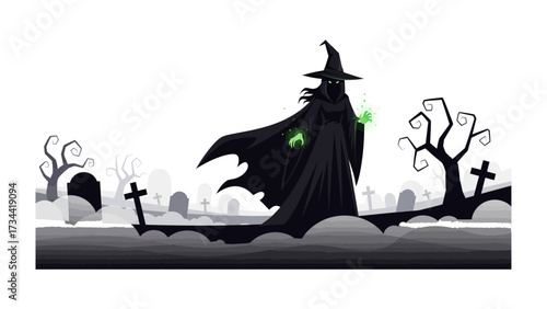 Shadow Witch in a Spooky Graveyard: An ominous shadow witch figure stands amid an eerie graveyard, with glowing green hands, cloaked in darkness. Perfect for the spooky season!