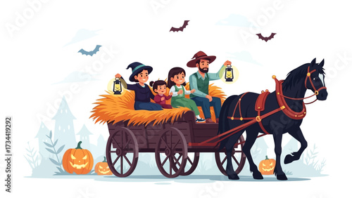 Spooky Carriage Ride: A family on a Halloween-themed horse-drawn carriage, embarking on a festive and memorable adventure, illuminated by lanterns and accompanied by the mystique of the season. 