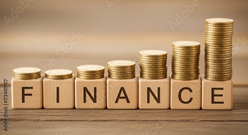 Wallpaper Mural Wooden Blocks Spelling FINANCE with Stacks of Gold Coins on Top in an Ascending Graph Torontodigital.ca