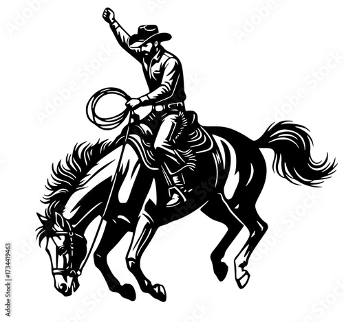 Rodeo Cowboy Riding Bucking Horse with Lasso and Raised Arm, cowboy, rodeo, horse, western, action