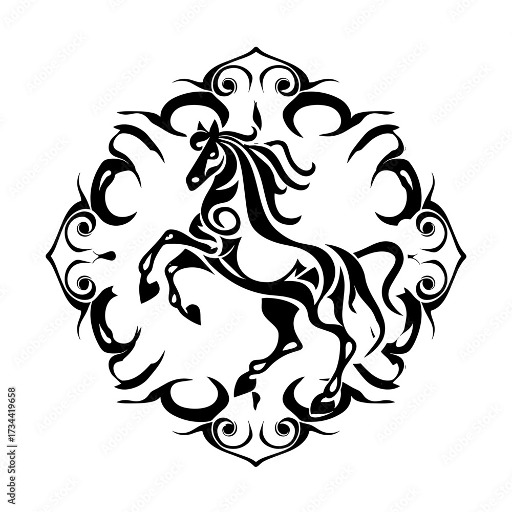Fototapeta premium A complex black and white line drawing features a leaping horse as the central motif,