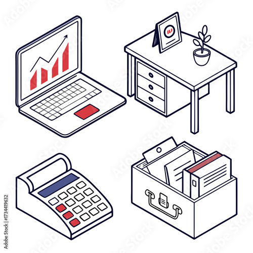 Isometric office icons, including laptop and calculator