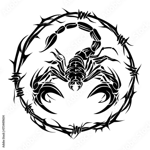 A bold tribal scorpion tattoo design in black and white,