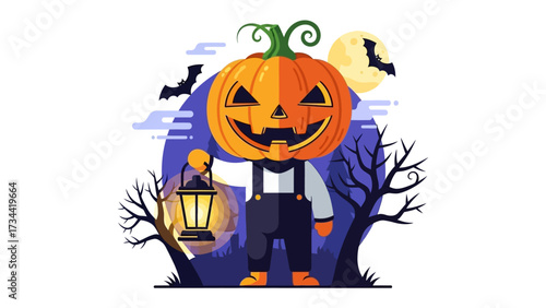 Pumpkin-headed Character: A whimsical illustration of a jovial character with a pumpkin head, lantern in hand, amidst a spooky, moonlit night, embracing the festive spirit of Halloween.