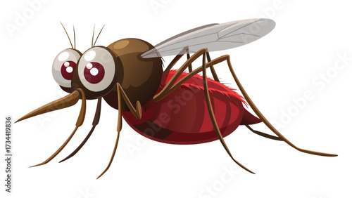 Cute cartoon mosquito character close-up vector illustration showing the insect pest sucking blood with its wings spread against a white background