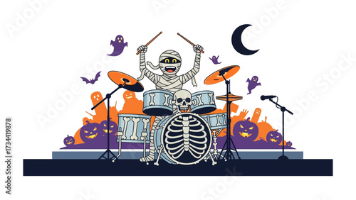 Halloween Drummer's Rhythms: A vibrant illustration of a mummy drummer surrounded by festive Halloween decorations, striking a beat with energy and enthusiasm on a stage.