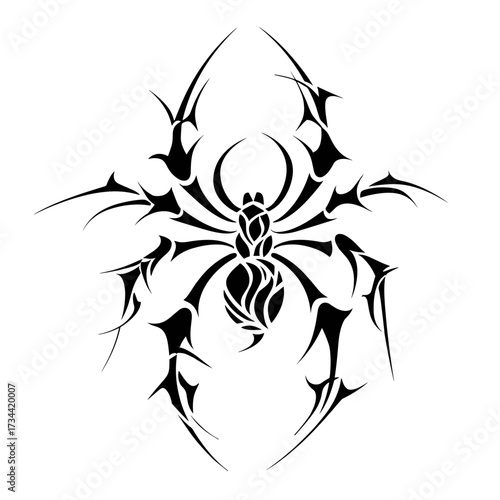 Tribal black and white spider vector tattoo design featuring protective web, intricate styling, bold lines,