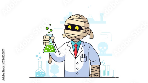 Mummy Scientist: A mummified scientist with bandaged head, eyes glows with intensity as he peers over a bubbling green liquid, ready to reveal the secrets of his eerie creation.