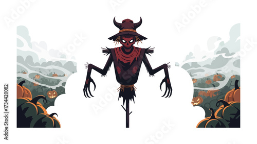 Spooky Scarecrow: A menacing scarecrow stands guard amidst a haunting landscape, surrounded by glowing pumpkins and ominous fog, perfect for Halloween.