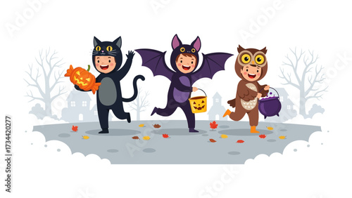 Halloween Parade of Delights: A joyful procession of children in enchanting costumes, embody the playful spirit of Halloween as they revel in the merriment of trick-or-treating.