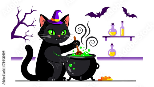 Magical Mischief: A bewitching black cat, adorned with a witch's hat, stirs a bubbling cauldron with enchanting potion during the bewitching hour. 