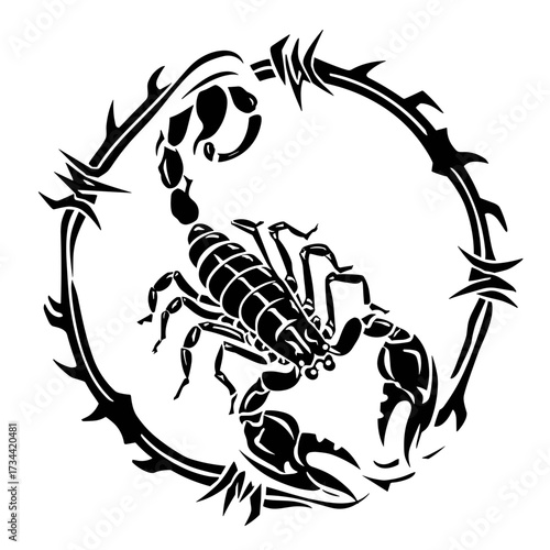 A tribal style scorpion vector illustration crawling amidst barbed wire,