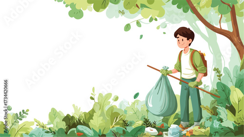 Teenage Boy Cleaning Eco-Friendly in Nature Illustration