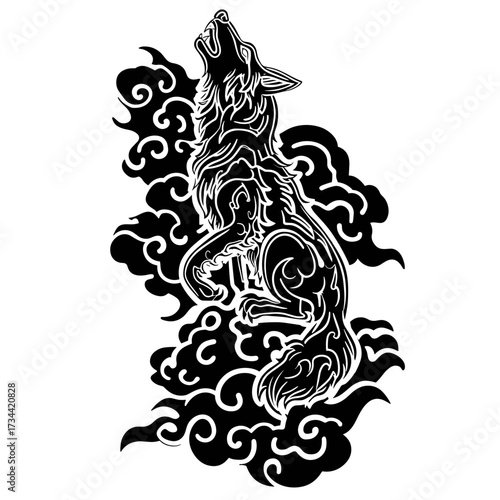 A stylized tribal wolf stands howling with intricate swirling patterns, floral motifs,