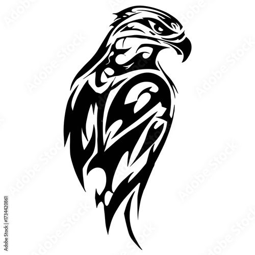 A bold tribal hawk silhouette tattoo design with intricate patterns,