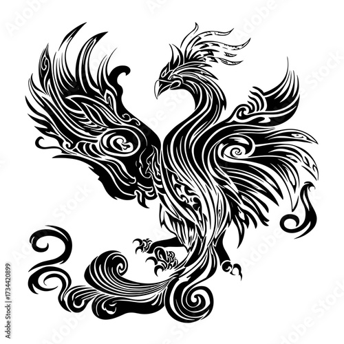 A decorative black bird design with intricate floral elements and symmetrical geometric patterns embodies tribal art sty