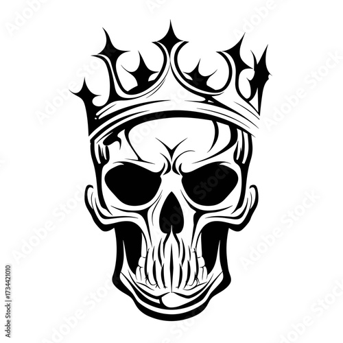 A black and white vector illustration of a human skull wearing a detailed crown with sharp angles and curved designs,