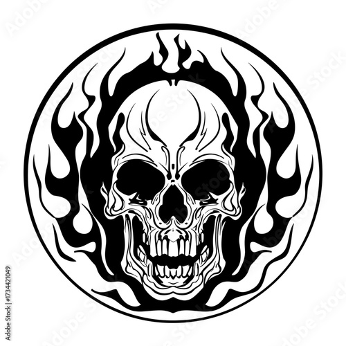 A stylized colossal skull with intricate details, surrounded by flame-like circular designs,