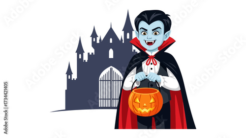 Spooky Visitor and Spooky Castle: A jovial, yet eerie vampire child, brandishing a jack-o'-lantern bucket, poses before a chilling haunted castle silhouette, capturing the essence of Halloween.
