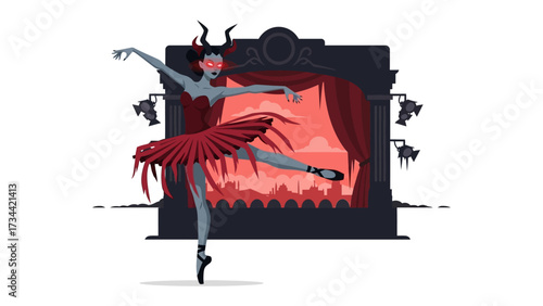 Ballerina Performance: A captivating illustration of a graceful ballerina in a striking red costume performing a captivating dance on a theater stage, showcasing a captivating artistic expression.