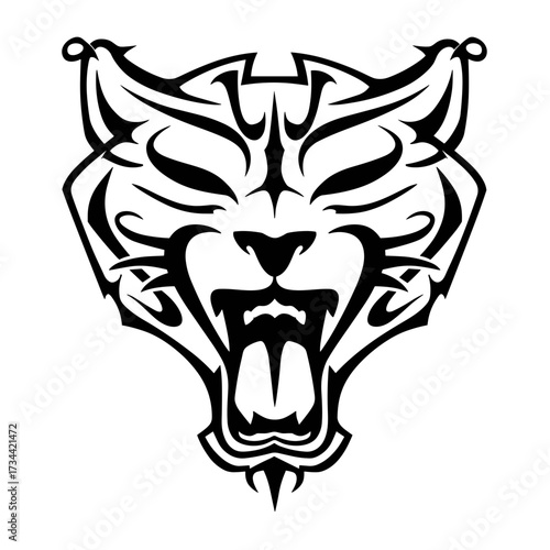A bold tribal total black panther head tattoo design with intricate markings,