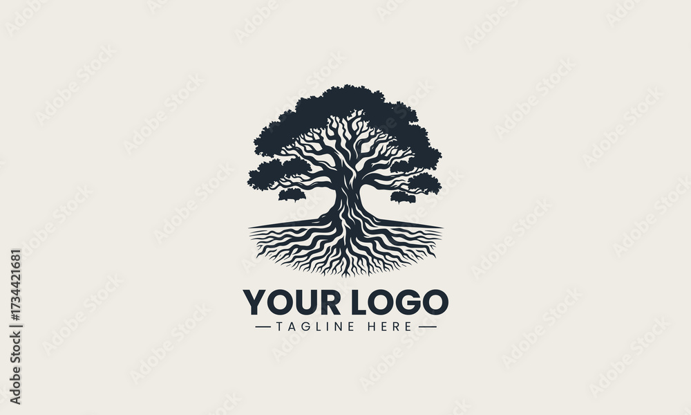 Fototapeta premium Grand Oak Tree Roots vector logo illustration