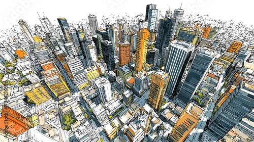 Modern Urban Cityscape with Skyscrapers, Streets, and Buildings