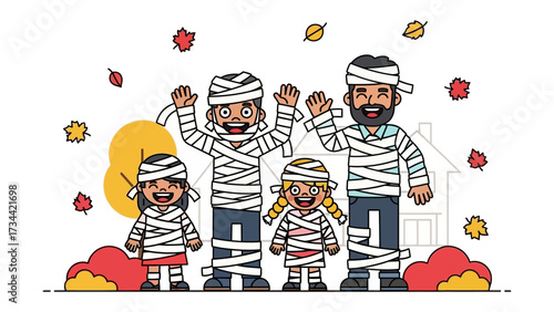Halloween Mummy Family: A spirited family, transformed into playful mummies, beams with festive cheer. With each bandaged figure, celebrating the Halloween spirit.