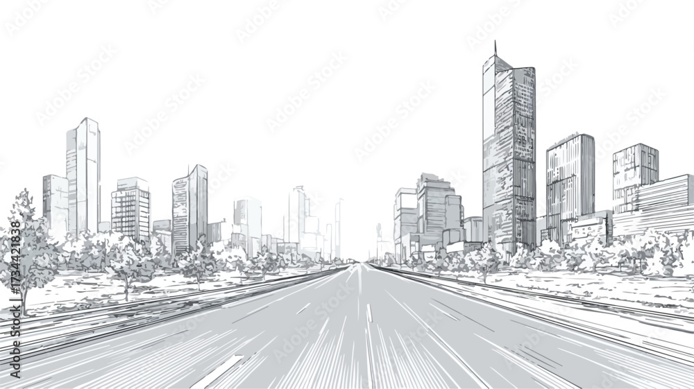 Fototapeta premium Dynamic Urban Road Leading to City Skyscraper View