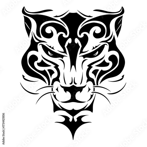 A bold tribal cat tattoo design featuring intricate black and white vector illustration,