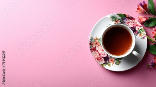 A beautifully arranged tea cup on a floral plate, resting on a pink background, exuding elegance and tranquility, perfect for promoting a serene tea-drinking experience in lifestyle imagery.