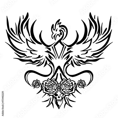 A black and white tattoo design featuring a symmetrical bird with large wings symbolizing freedom and power,