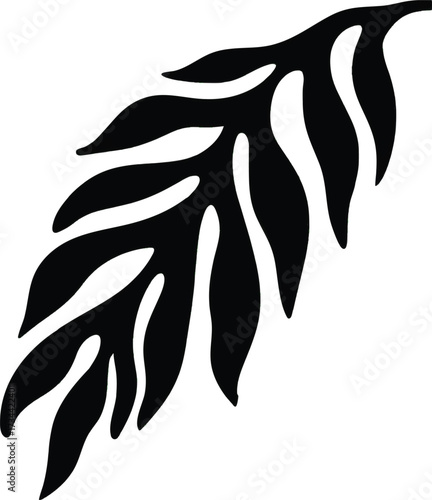 Black silhouette of a single palm frond leaf isolated