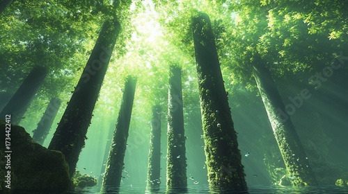 Sunlit forest, mossy trees, calm water, mystical atmosphere, nature background