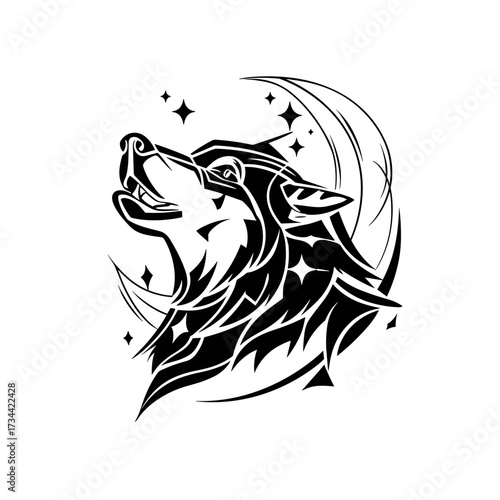 A striking black and white tribal tattoo design featuring a howling wolf with bold outlines, intricate patterns,
